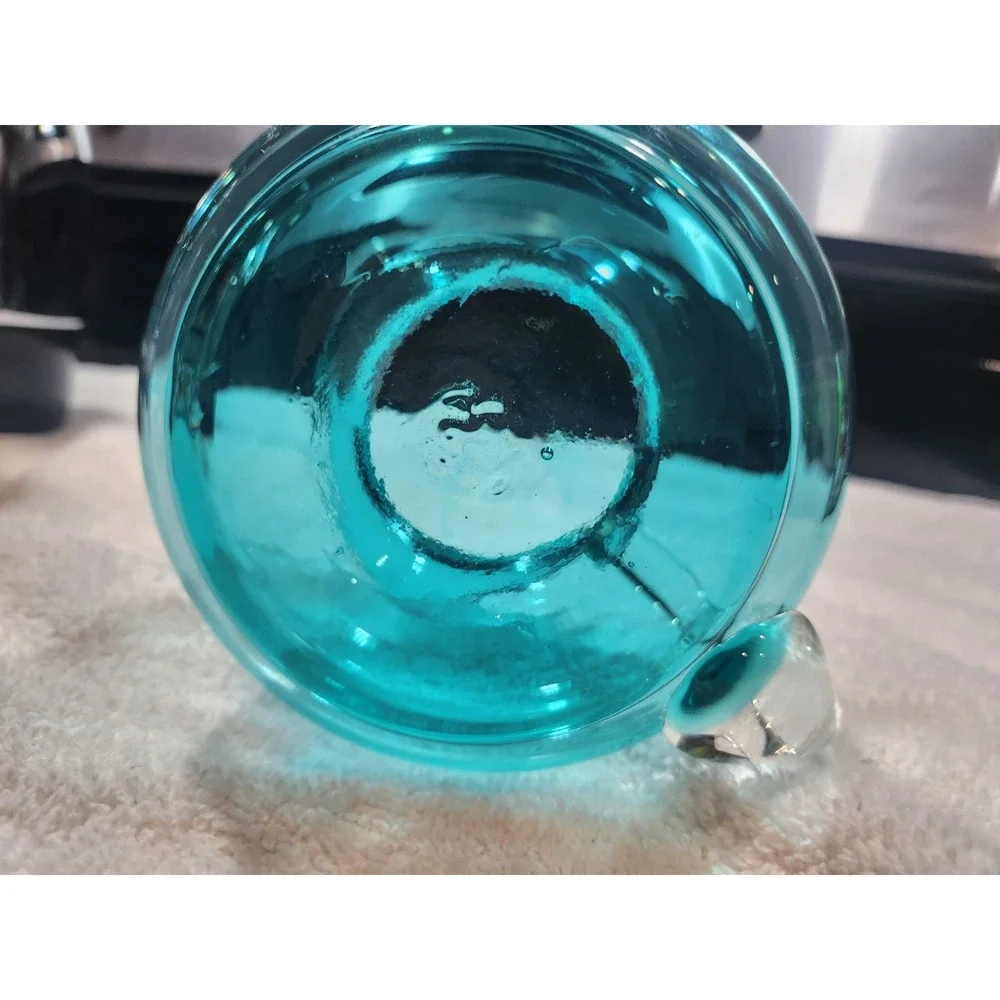 Vintage~MCM~Blue~Pitcher-Squatty~Flat Bottom~Clear Handle~ Squared Top~Beautiful
